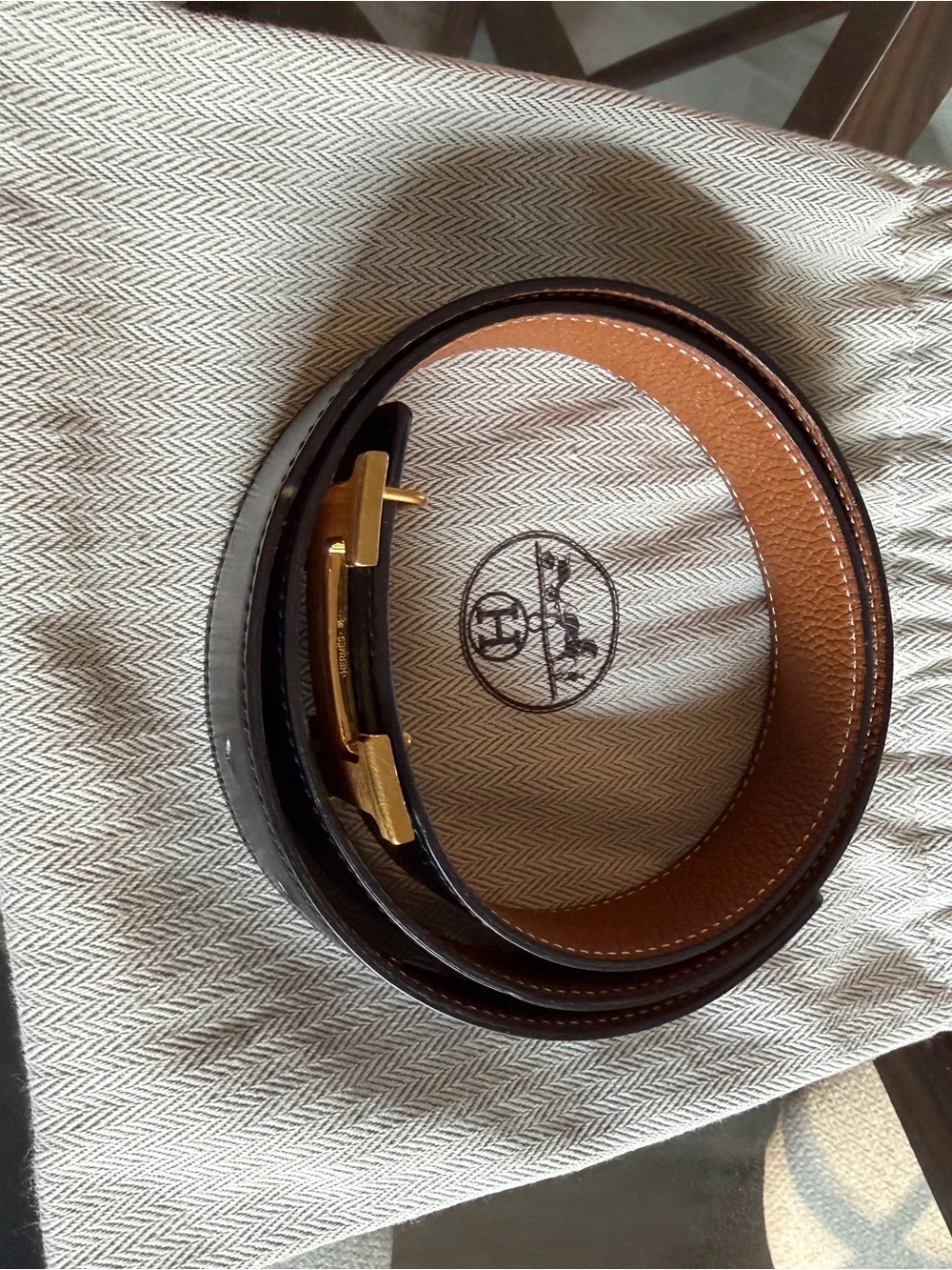 Hermes Black and Brown Reversible Leather Belt with Gold H Buckle